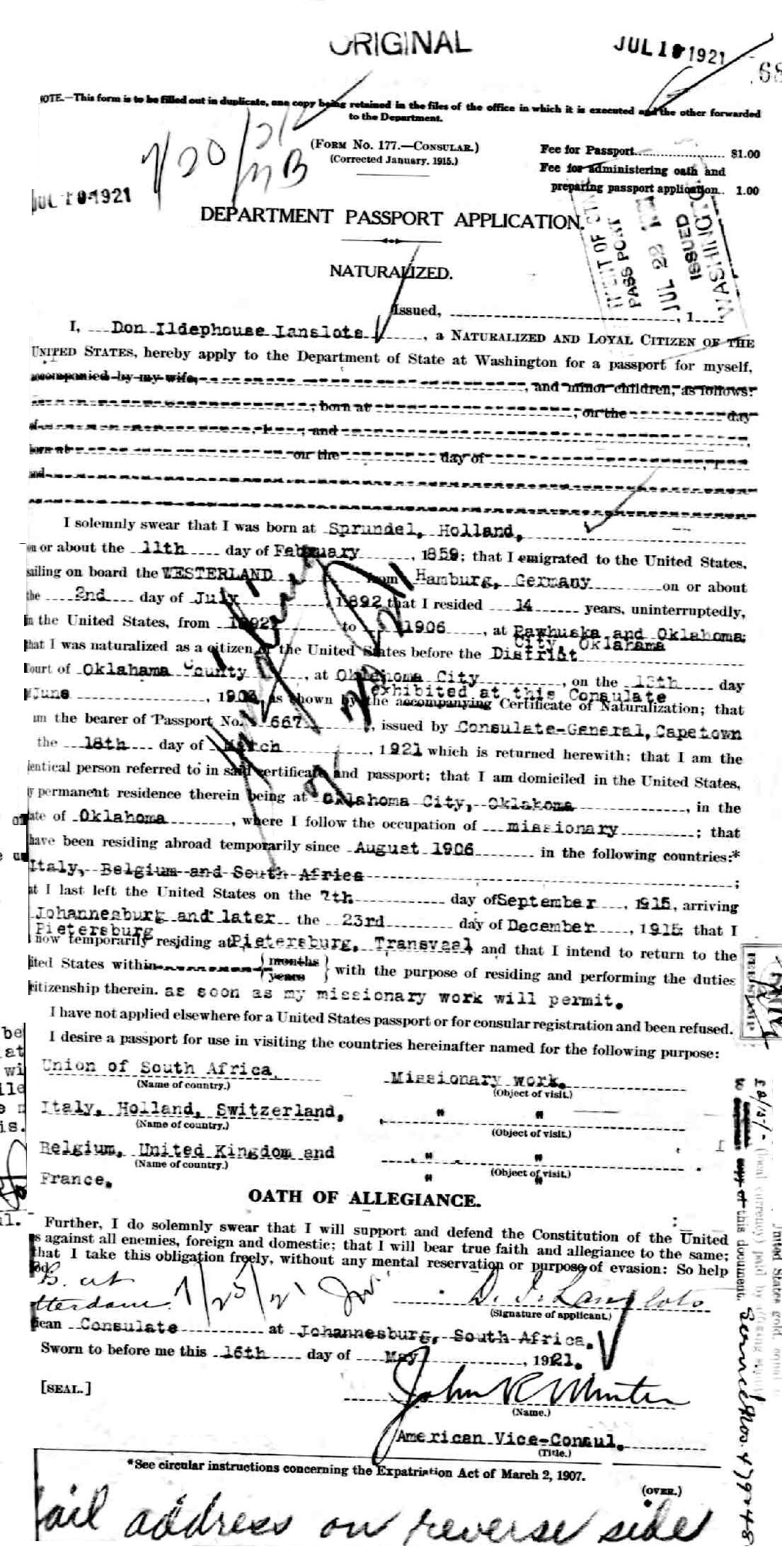 Amerikaanse paspoortaanvraag van Don Ildephonse Lanslots, 16 juli 1921
