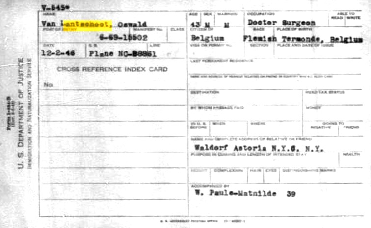 Passenger information sheet for Doctor Oswald Van Lantschoot, 1946