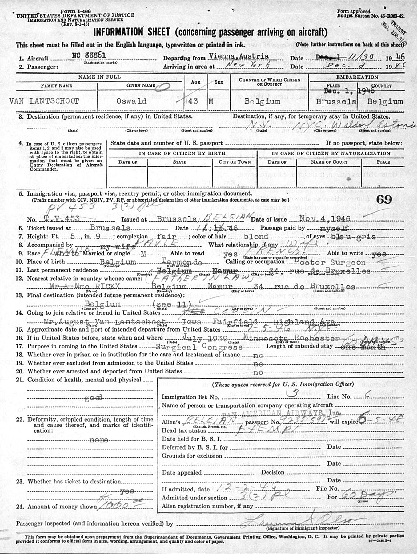 Passenger information sheet for Doctor Oswald Van Lantschoot, 1946