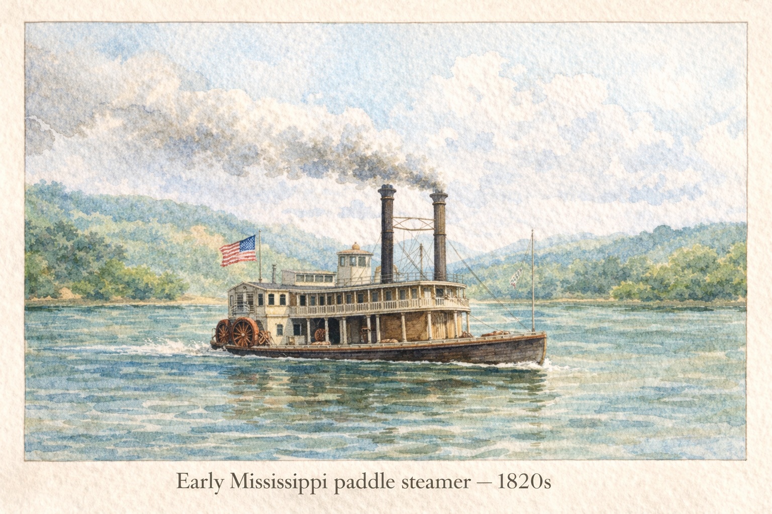 Early Mississippi paddle steamer, 1820s