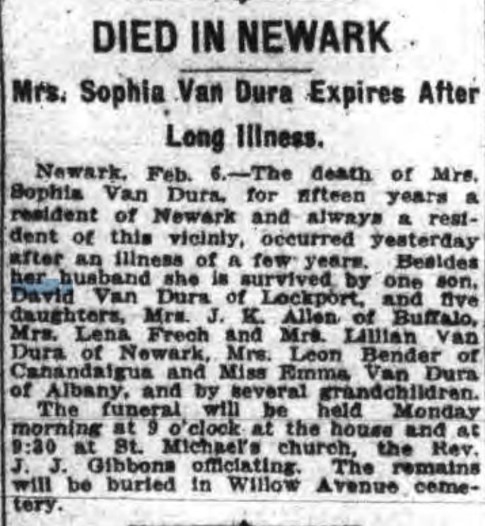 Death notice of Sophia Van Dura
