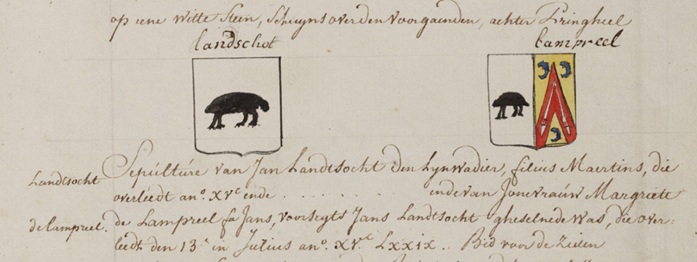 Grafsteenbeschrijving van Jan Landtsocht met het wapen en het gedeelde wapen Landtscocht-De Lampreel