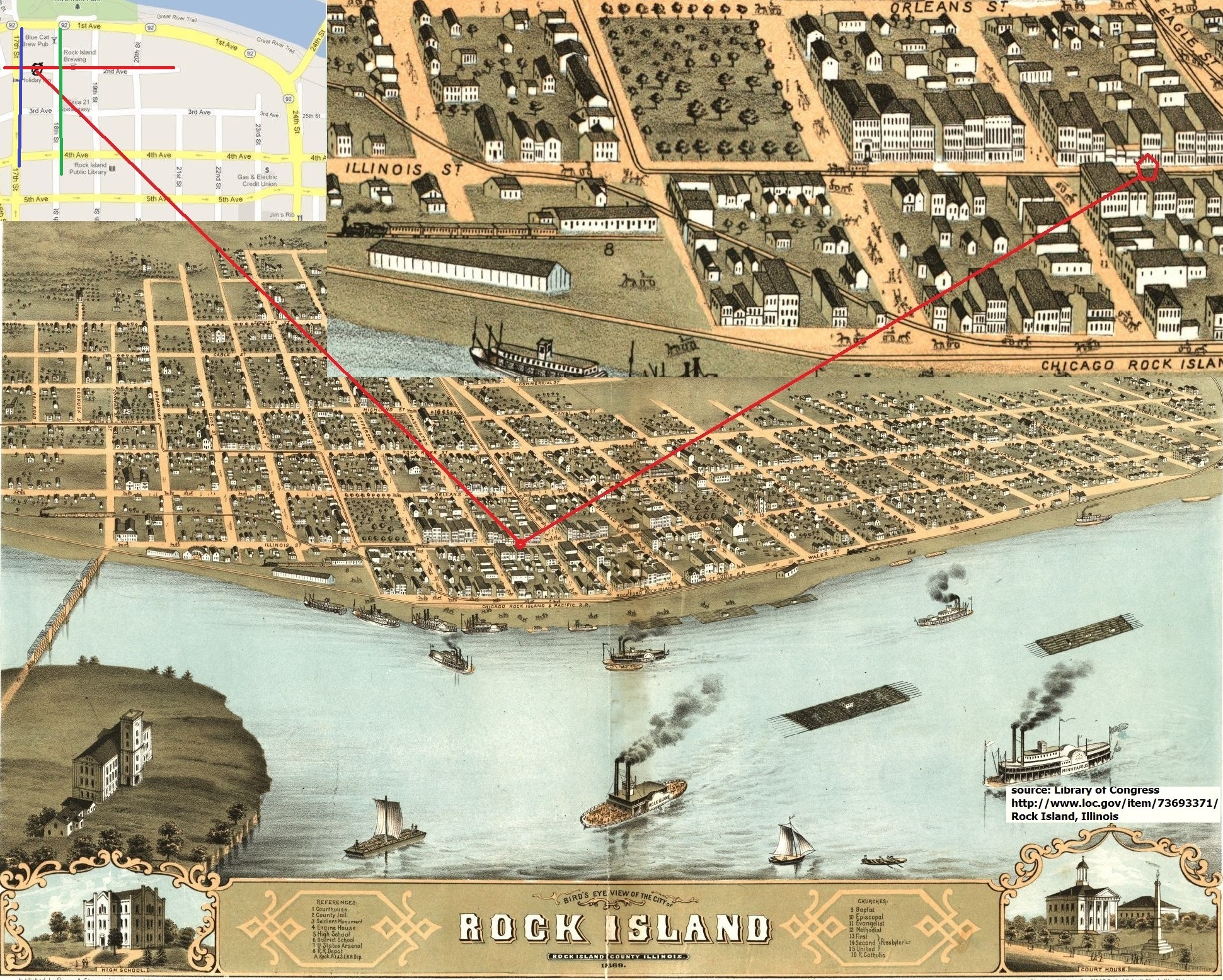 Historical map of Rock Island, Illinois, 1869